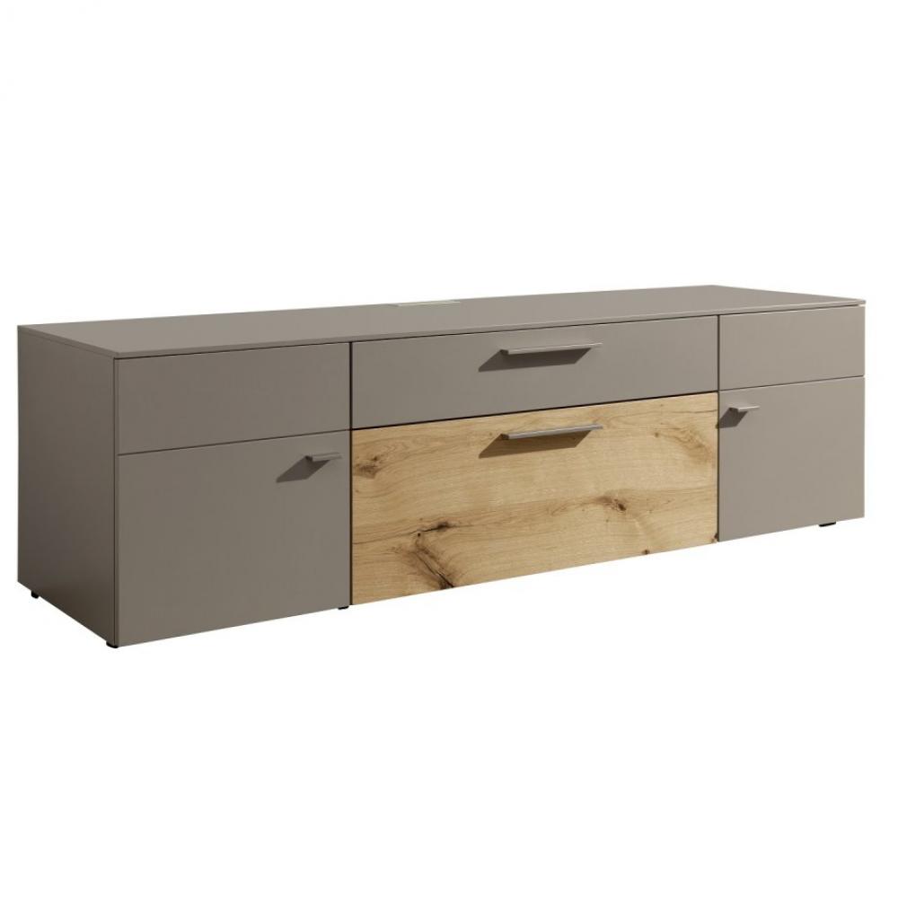 Buffet bas TV ANZIO TAUPE laque et Bois CHÊNE 2 portes 2 tiroirs 